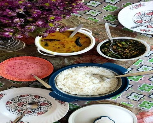 Homemade meal with lentils rice vegetables and yogurt